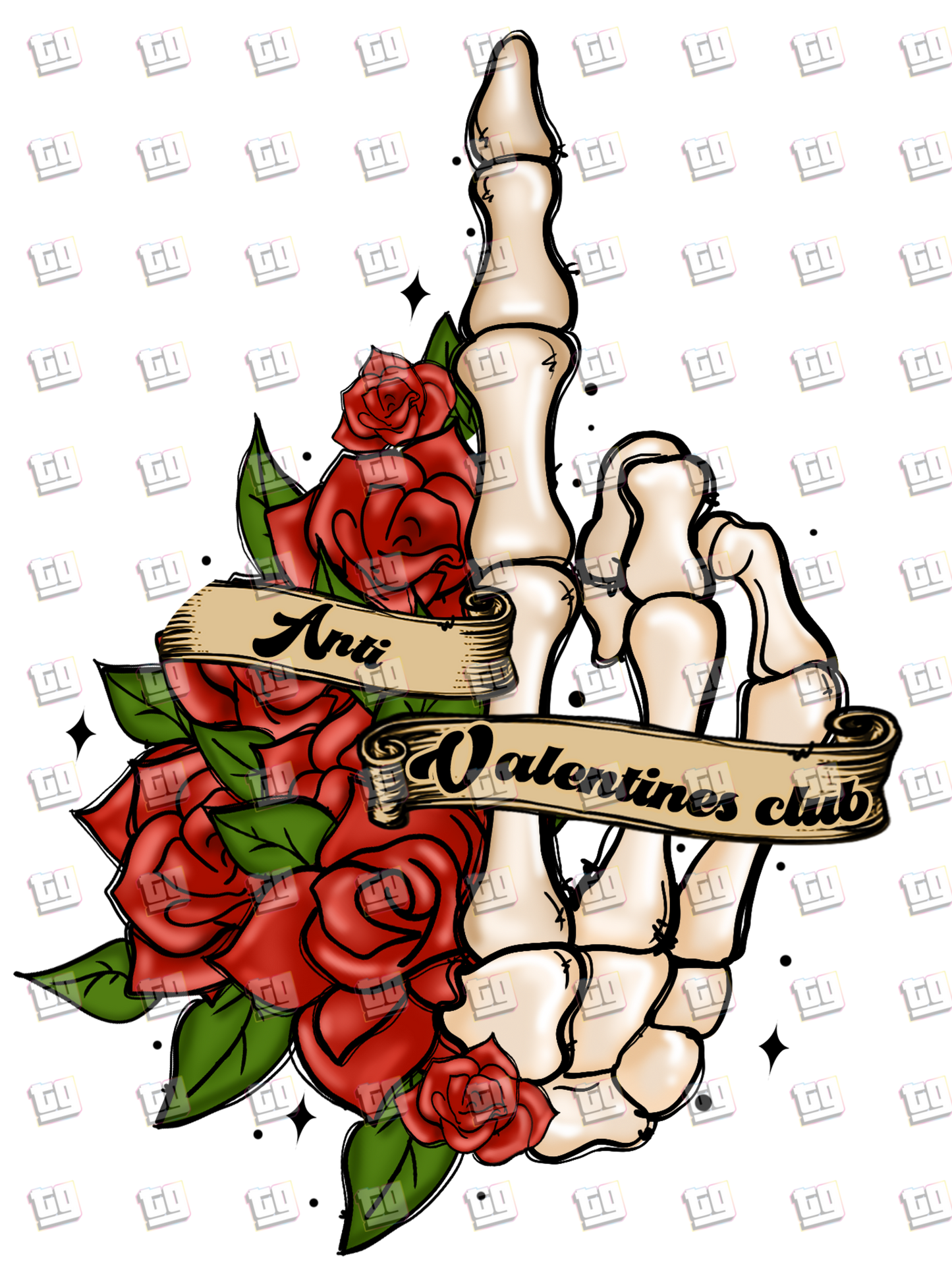 Anti Valentines Club (Skeleton Hand With Finger Up Next to Roses) - Valentines - DTF Transfer